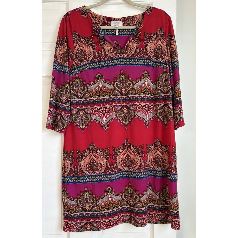 Laundry by Shelli Segal Pink Red Paisley Medallion Shift Dress Boho Chic | 12